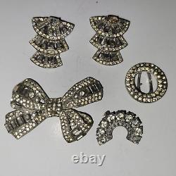 Antique Vintage Clip Earrings and 3 pins Clear Stones