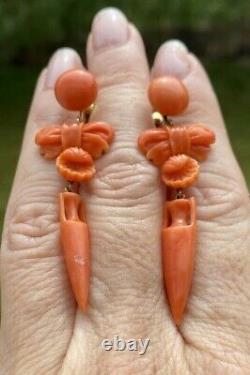 Antiquevictorian Georgian Carved Red Coral 14k Gold Screw Clip Earrings 2.25