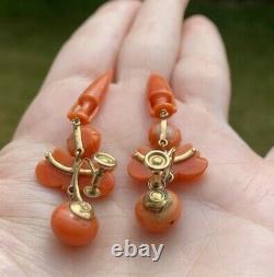 Antiquevictorian Georgian Carved Red Coral 14k Gold Screw Clip Earrings 2.25