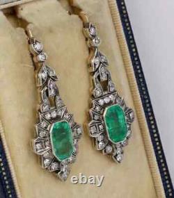 Art Deco Vintage Style Lab Created Emerald & Diamond Wedding 925 Silver Earrings