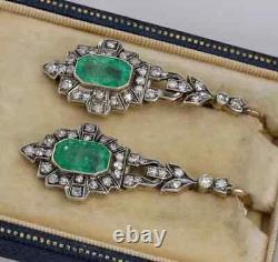 Art Deco Vintage Style Lab Created Emerald & Diamond Wedding 925 Silver Earrings