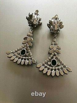 Auth CHRISTIAN DIOR Vintage Germany Green Emerald Glass Rhinestone Clip Earrings