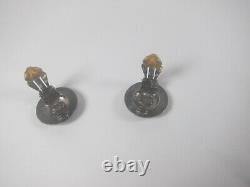 Auth Chanel Logo Clip On Ear Rings Vintage Black Made In France