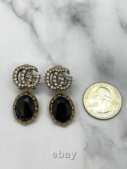 Auth GUCCI GG Brass Tone Antique Onyx Clip On Earrings USED / G1696