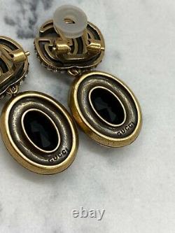 Auth GUCCI GG Brass Tone Antique Onyx Clip On Earrings USED / G1696