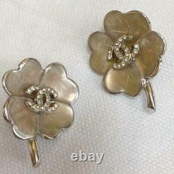 Auth Vintage CHANEL Rhinestone CC Clover Clip On Earrings Pink Beige Used F/S