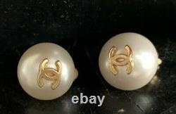 Authentic CHANEL VTG 1996 Pearl Mini CC Logo Coco Mark Clip On Earrings FRANCE
