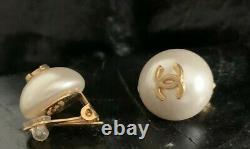 Authentic CHANEL VTG 1996 Pearl Mini CC Logo Coco Mark Clip On Earrings FRANCE