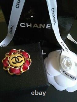 Authentic CHANEL Vintage Single Clip On Red Leather CC Logo Earring. One