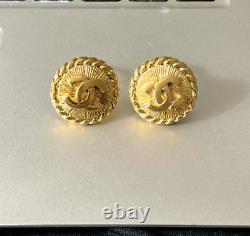 Authentic Chanel CC Round Button Clip On Earrings Vintage Goldtone 1990s