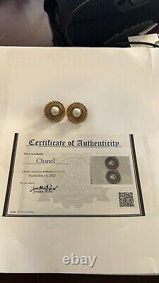 Authentic Chanel Vintage CC Logo Gold Pearl Round Clip Earrings With COA