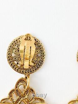 Authentic Sonia Rykiel Vintage Gold Tone Dangle Logo Clip-on Earrings Openwork