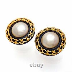 Authentic Vintage Chanel clip earrings CC logo faux pearl leather black #af108
