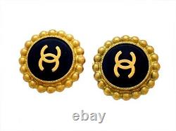 Authentic Vintage Chanel clip on earrings CC logo black round #AF019
