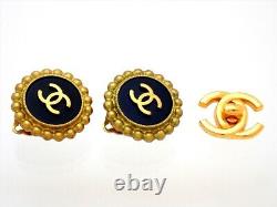 Authentic Vintage Chanel clip on earrings CC logo black round #AF019