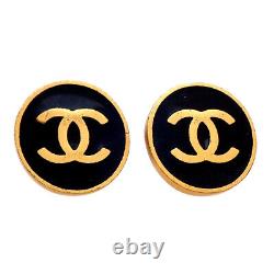 Authentic Vintage Chanel clip on earrings CC logo black round #ea3037