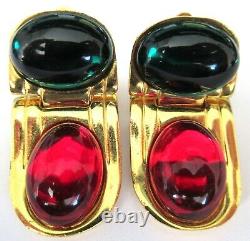 BALENCIAGA Red & Green Glass Cabochon Vintage Clip Earrings