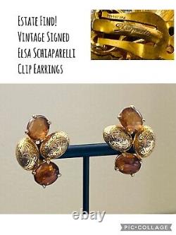 Beautiful Vintage Elsa Schiaparelli Gold Tone Signed Clip Earrings