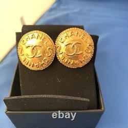 Beautiful Vintage Gold Chanel Logo Button Clip Earrings w CHANEL box