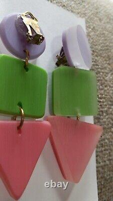 Big Vintage Lucite Circle Square Triangle Drop Kaso Clip On Earrings