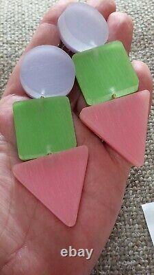 Big Vintage Lucite Circle Square Triangle Drop Kaso Clip On Earrings