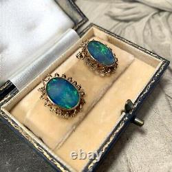 Black Opal Earrings in 9ct yellow gold, large vintage clip-ons with antique box