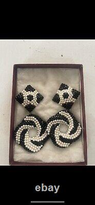 Bridal Wedding Vintage Black White Rhinestone Clip On Earrings