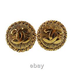 CHANEL CC Logos Circle Earrings Gold Clip-On France Vintage Authentic #AD1 O