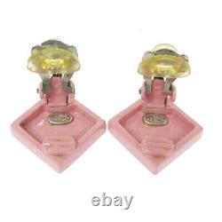 CHANEL CC Logos Rhombus Motif Earrings Pink Silver Clip-On 04P Vintage 00855
