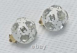 CHANEL Clip Earrings Vintage Ball Shape White & Clear Acrylic Glass Stamped 98P