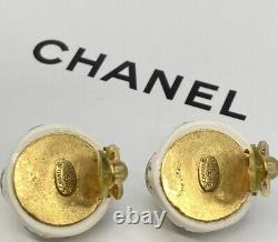 CHANEL Clip Earrings Vintage Ball Shape White & Clear Acrylic Glass Stamped 98P