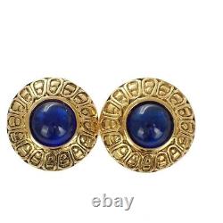 CHANEL Gripoix Stone Button Earrings Gold-Plated Clip-On Blue Vintage 86YA603