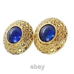 CHANEL Gripoix Stone Button Earrings Gold-Plated Clip-On Blue Vintage 86YA603