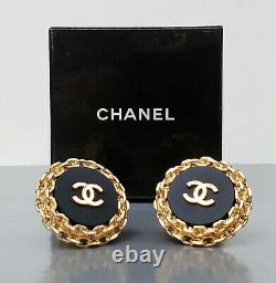 CHANEL VINTAGE Black With Gold CC Logo and Chain-Wrap Clip-On Earrings 1980s