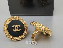CHANEL VINTAGE Black With Gold CC Logo and Chain-Wrap Clip-On Earrings 1980s
