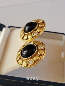 CHANEL Vintage Clip On Gripoix Glass Gold-Tone Black Clear Earrings