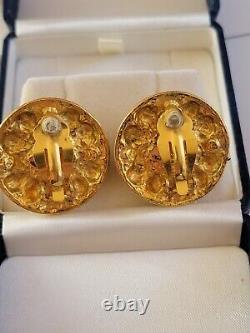 CHANEL Vintage Clip On Gripoix Glass Gold-Tone Black Clear Earrings