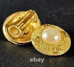 CHANEL Vintage Round CC Logo Button Clip On Gold Tone Faux Pearl Earrings