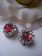 CHRISTIAN DIOR Red Glass Cabochon Diamante Earrings Vintage 1975 Tiny 1.5cm MINT