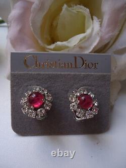 CHRISTIAN DIOR Red Glass Cabochon Diamante Earrings Vintage 1975 Tiny 1.5cm MINT