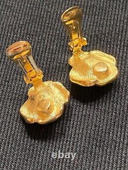 CHRISTIAN DIOR Rhinestone Clip Earrings GOLDTONE Flower Blossom Pansy Vintage