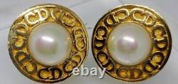 CHRISTIAN DIOR Vintage CD Round Pearl Gold Tone Clip-On Earrings 1980s