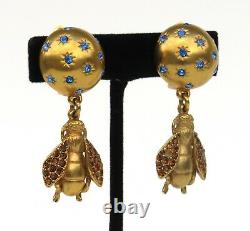 CHRISTIAN DIOR Vintage Gold Tone Amber Strass Bee Blue Crystal Clip On Earrings