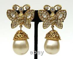 CHRISTIAN DIOR Vintage Gold Tone Strass Butterfly Faux Pearl Clip On Earrings