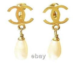 Chanel Classic Vintage Gold Plated CC Faux Pearl Dangle Clip on Earrings