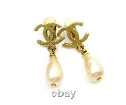 Chanel Classic Vintage Gold Plated CC Faux Pearl Dangle Clip on Earrings
