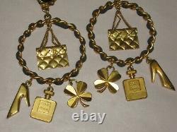 Chanel Clip On Earrings Leather Chain 8 Gold Charms Vintage, CC Logo Wow Rare