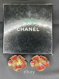 Chanel Earrings Red Camellia Gripoix Glass Clip 01A Box Filigree Fall 2001 VTG