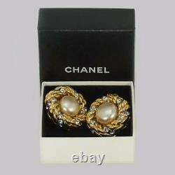 Chanel Faux Pearl & Crystal Earrings Clip On Vintage 1980 with Box Collection 23