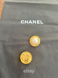 Chanel Ivory Faux Pearl Gold Metal Vintage Clip On Earrings Preowned With Care